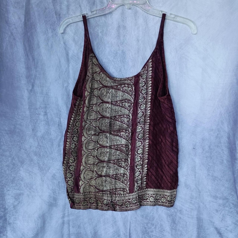Vintage 100% Silk Burgundy Gold Tank Top Boho India